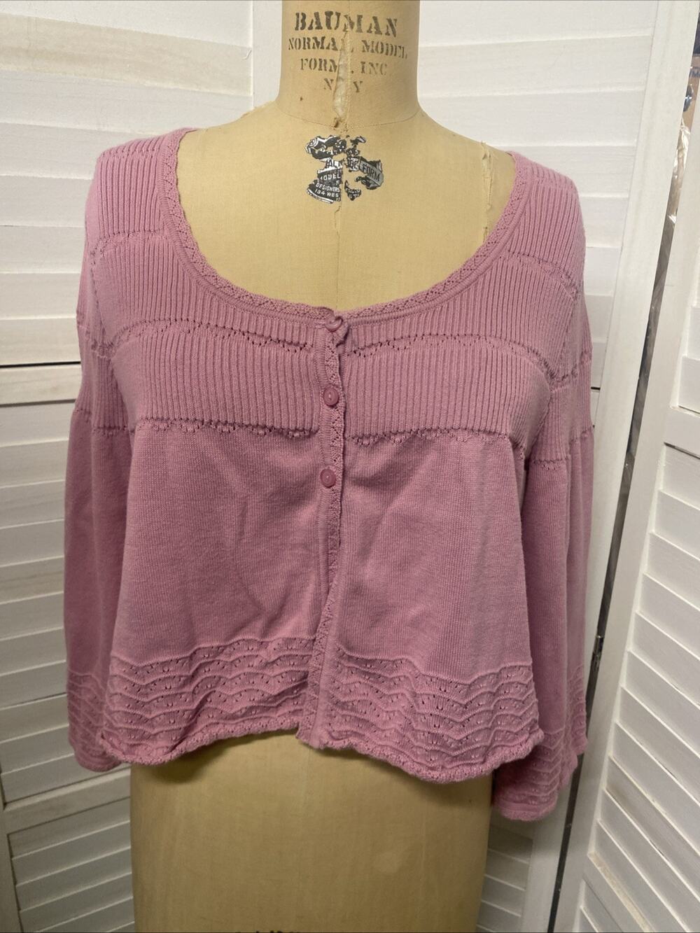 Tara Ryan Vintage 100% Mauve Cotton Button Front Sweater Shrug Cardigan X-Large
